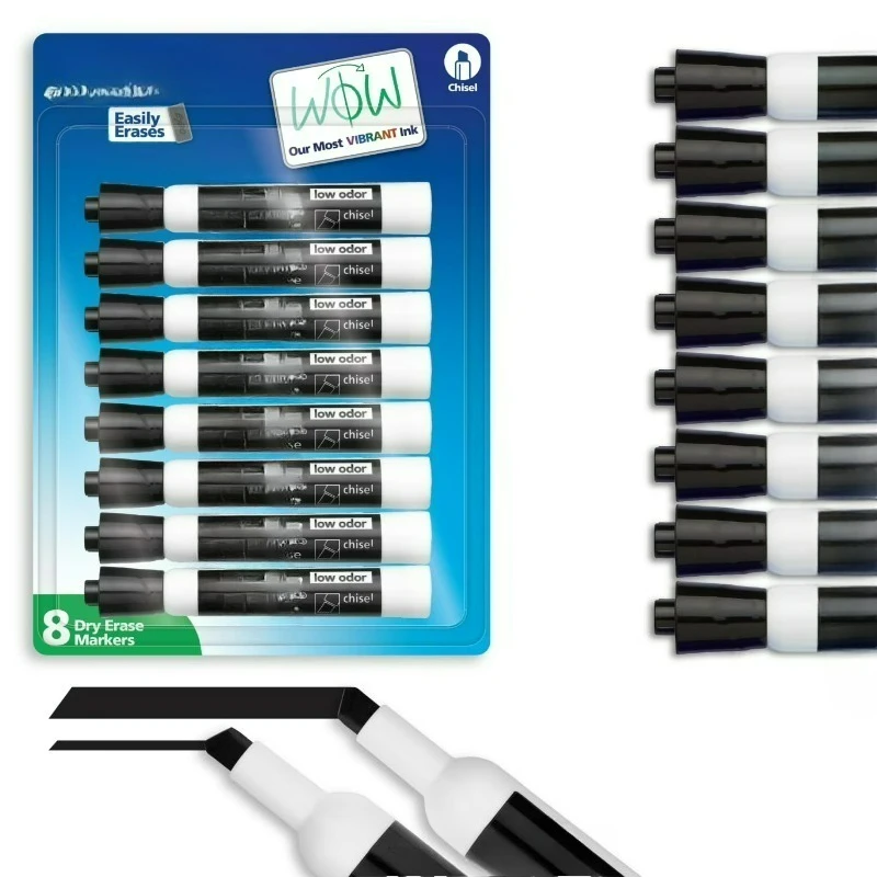 

Маркеры для сухого стирания, с долотообразным наконечником, черные, 8 штук