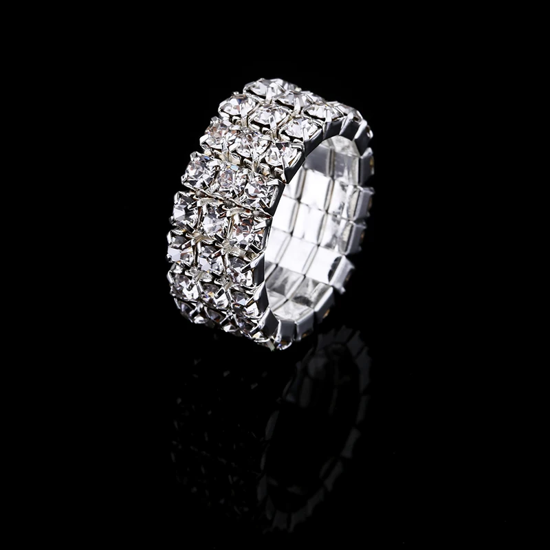 Crystal Rhinestone Wedding Rings Silver Plated Multi Rows Bridal Sparky Diamante Stretch Ring for Women