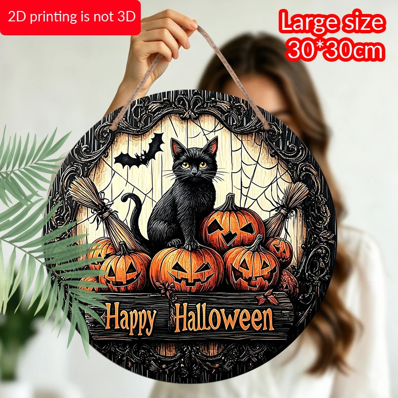 CIFBUY Gothic Style 2D Flat Aluminum Wall Art Waterproof Wear Resistant Black Cat Halloween Wreath Decor for Porch Door Window I