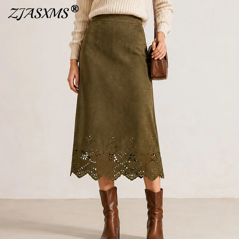 Retro Boho Solid Skirt Women High Waist Suede A‑Line Silhouette Floral Scalloped Hem Skirt Western Fall Winter Casual Long Skirt