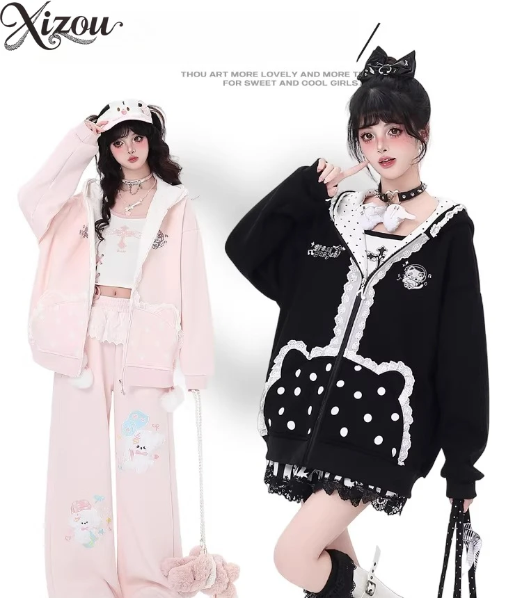 

Polka Dot Cat Pocket Fleece Women Sweet Bow Hooded Lace Patchwork Jacket High Waist Casual Autumn Winter 2025 Lace Pocket Zipper