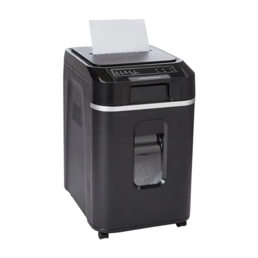 Office paper shredder with auto feed, cross-cut P-4 security, anti-jam function, 8.5-gallon pullout bin, black metal housing, q