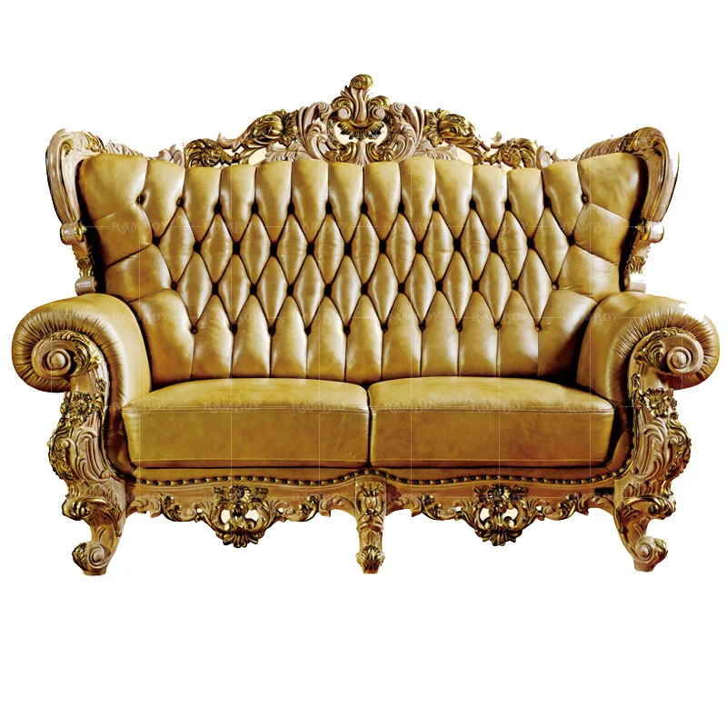 High-end French leather sofa, European high-end luxury living room, Italian all-solid wood carved sofa 2023 new