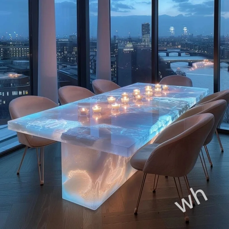 Dining table natural luxury stone rectangular pink island white jade light luxury high-end marble dining table