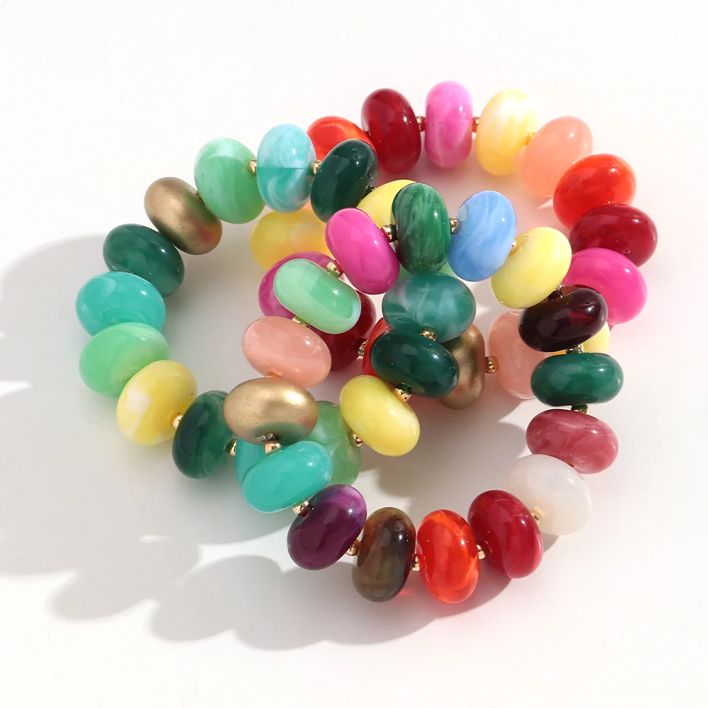 Boho Buntes Abakus-Armband mit Elastischen Perlen für Damen, Modisches Stapelbares Harz-Acryl Flachkreis-Armband mit Goldenem Abstandhalter, Schmuckgeschenk – Detail 3