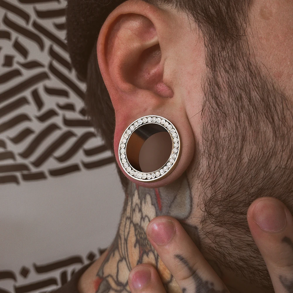 Giga 2 قطعة الراين الفولاذ المقاوم للصدأ الأذن المتوسع المقابس الأنفاق مقاييس المسمار الخلفي نقالة ثقب الجسم أقراط مجوهرات