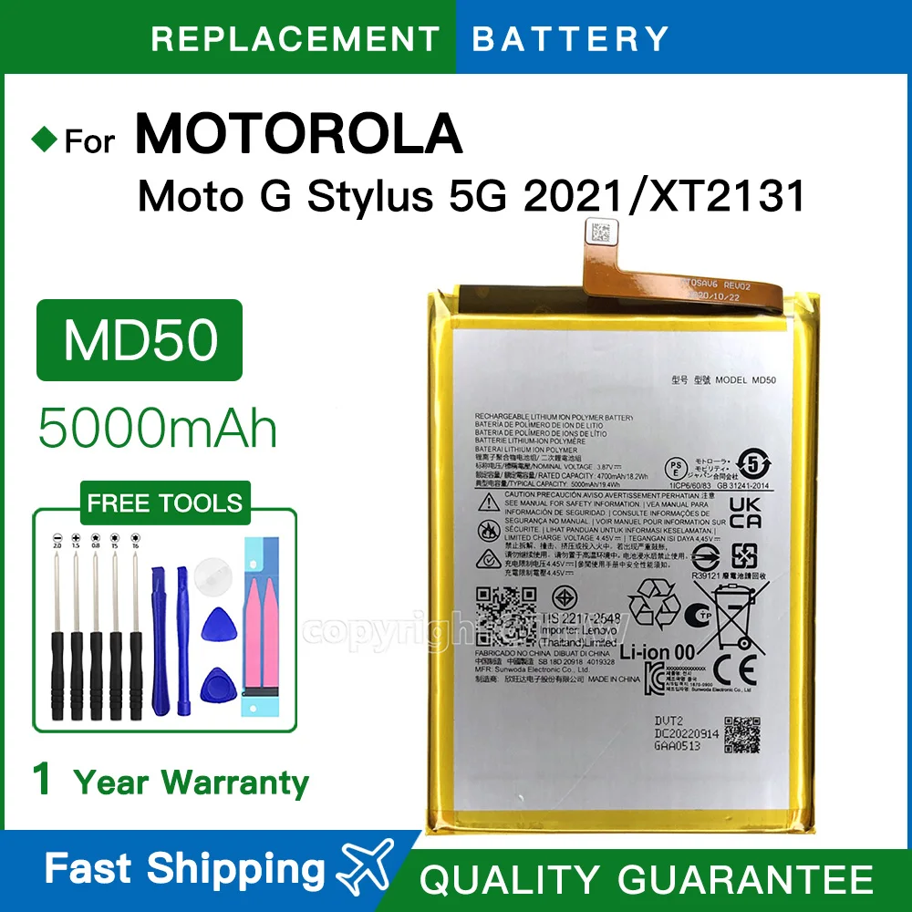 Brand New MD50 5000mAh Battery For Motorola G Stylus 2022 MOTO G Stylus 5G 2021 /XT2131 Phone Batteries +Free Tools Spare Batter