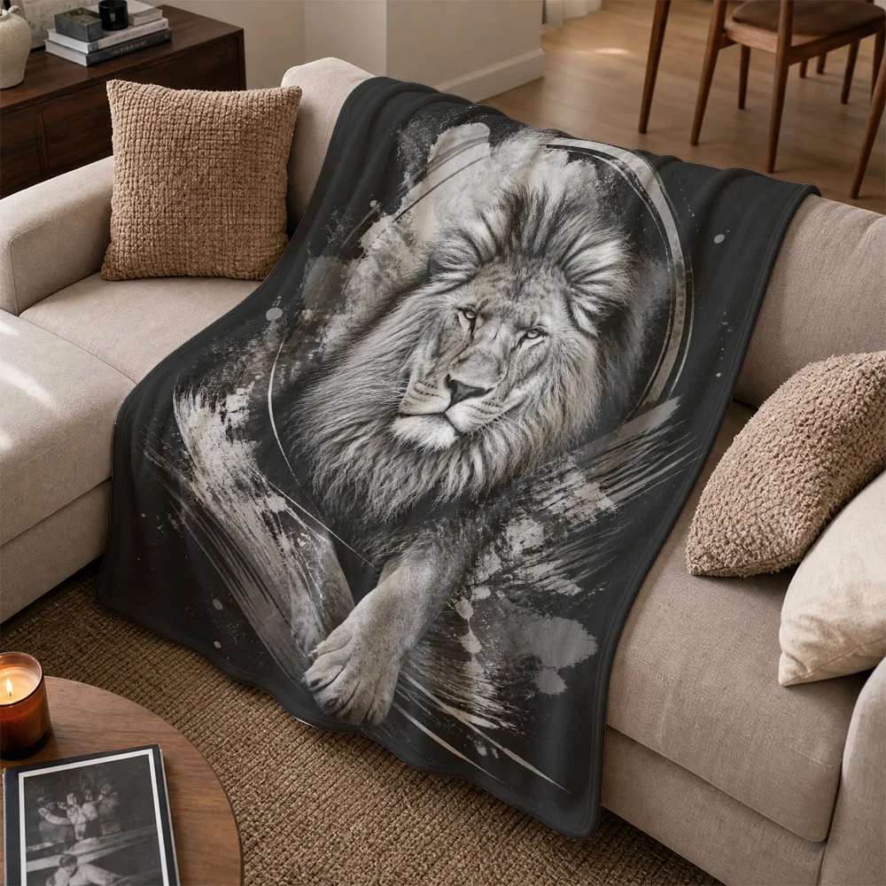 Dramatic Lion Face Throw Blanket for Sofa Couch Living Room Home Decor Plush Fleece Throw Cover Modern Animal Art