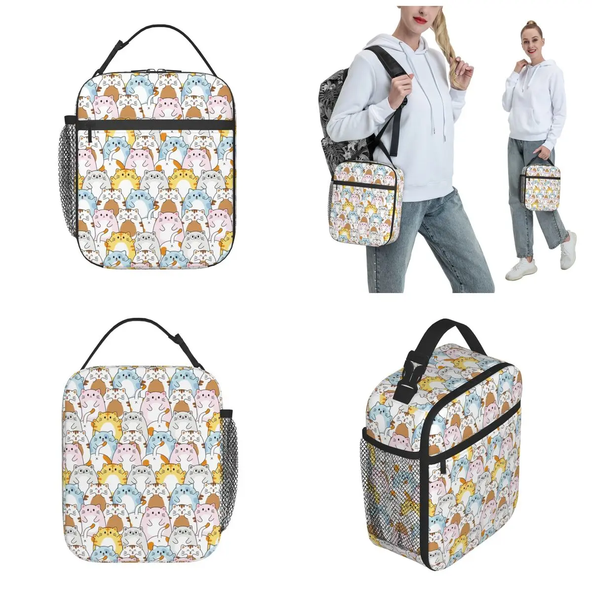 Simpatico gatto colorato accessori per cartoni animati borsa per il pranzo isolata scuola Kawaii Happy Meow Storage Food Box Cooler Thermal Lunch Box