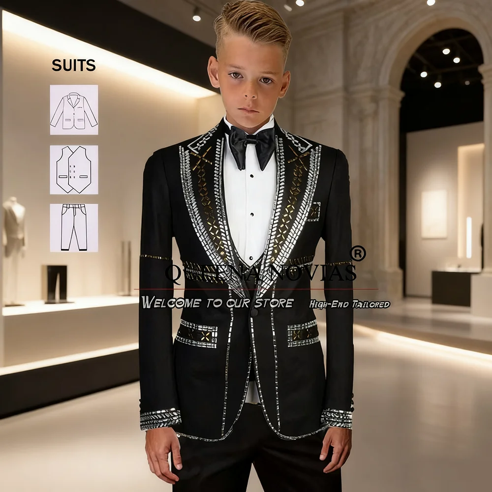 

Exclusice Boy Suits For Wedding Handmade Jewelry Diamond Jacket Vest Pants 3 Pieces Children Formal Party Tuxedos Kids Clothing