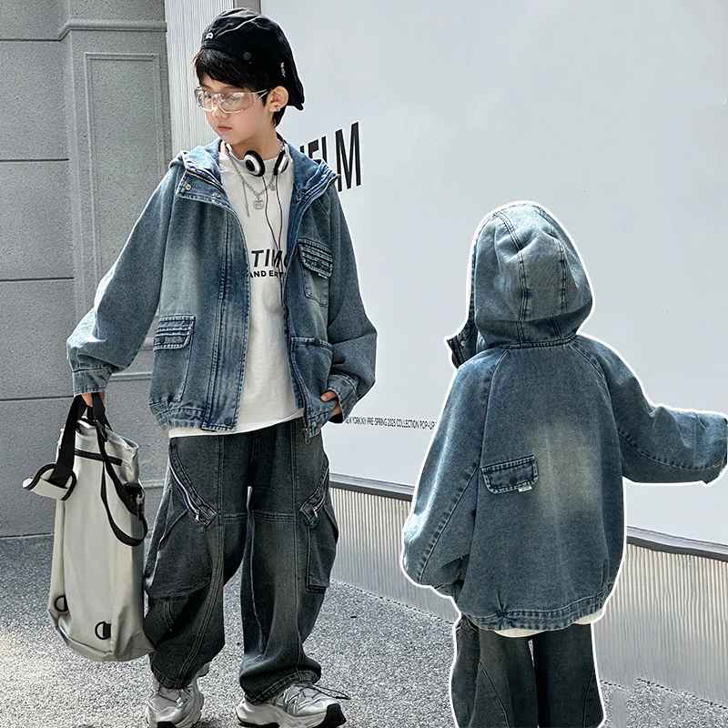 

Children Denim Jacket with Hood for Boys Autumn Casual Clothes 5 To 14 Years Old Korean Soft Jeans Hoodies Coat Clothing Outfit