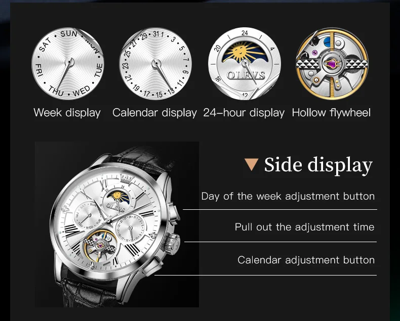 OLEVS Wristwatch for Men Automatic Mechanical Watch Leather strap Waterproof Skeleton Male Watch Horloges Reloj Hombre 9912