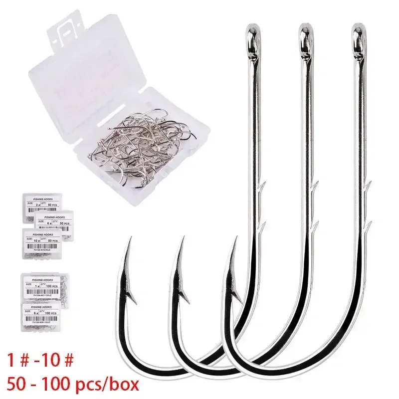 50-100PCS/Box Long Shank Fishing Hook 1#-10#High Carbon Steel Fishhooks Single Circle FishHook Fishing Accessories Pesca