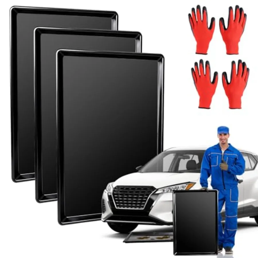 

3-Pack Oil Drip Pan for Under Car 35.4 x 24 x 1.6 Inch with Two Pairs of Gloves Extra Large Oil Drip Pan for Car Oil Changes En