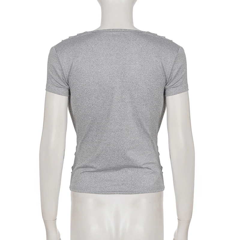 SUCHCUTE Sexy einfarbiges T-Shirt mit tiefem V-Ausschnitt, kurzärmeliges Damen-Top, Y2k-Streetwear, 90er-Jahre-Kleidung, schicke Sommer-Freizeit-T-Shirts – Detail 5