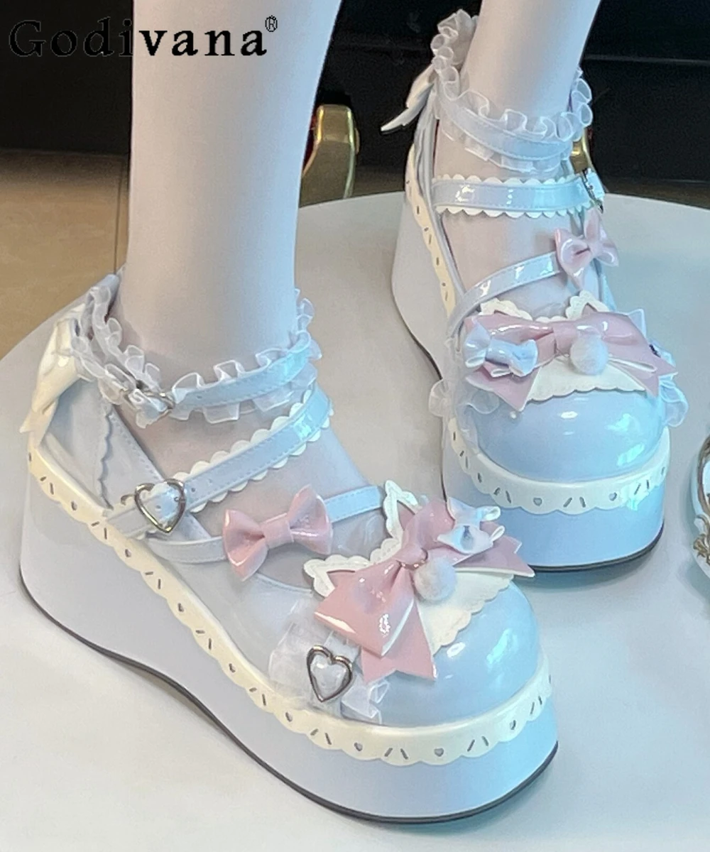 Lolita Girls Shoes Sweet Cute Bow Platform 2024 Spring Summer Round Head Muffin Bottom Shoes Teenage Leather Pump High Heels