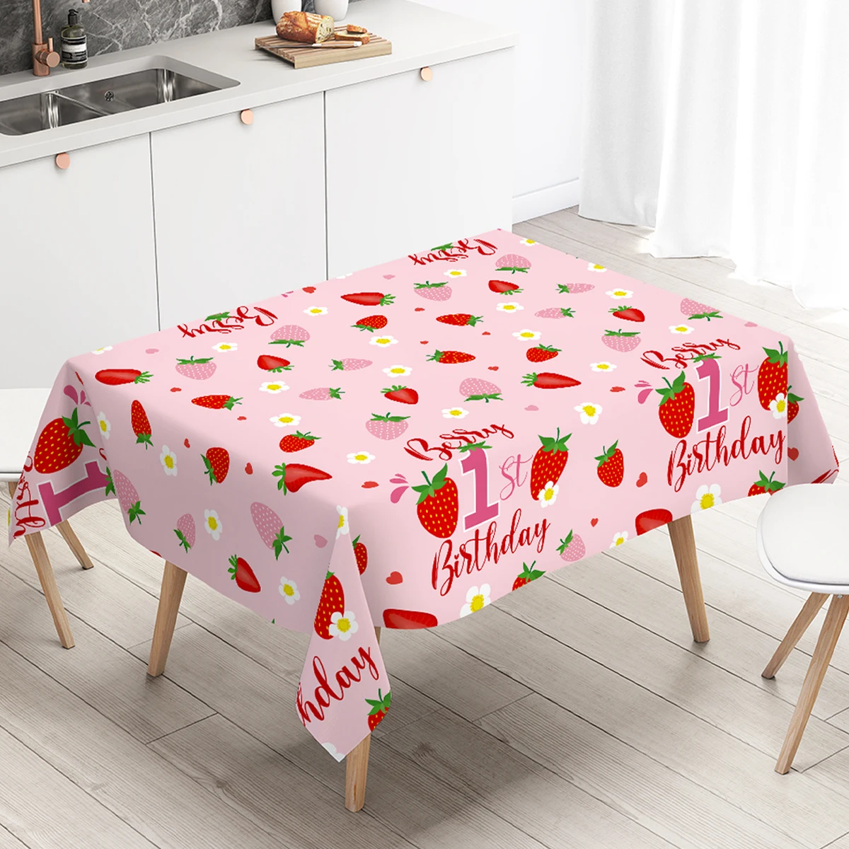 3pc Strawberry 1st Birthday Pink Tablecloth Happy Birthday Party Decorations Disposable Party Dining Table Cover Party Supplies