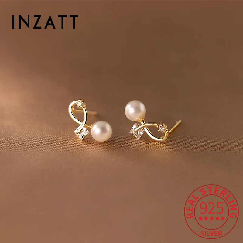 INZATT Real 925 Sterling Silver Pearl Zircon Bowknot Mini Stud Earrings for Women Cute Fine Jewelry Light Luxury Accessories