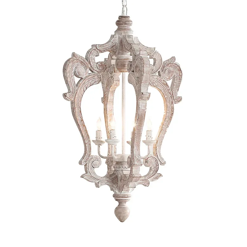 

American antique chandelier, solid wood carving personalized cage, nostalgic French bedroom dining room