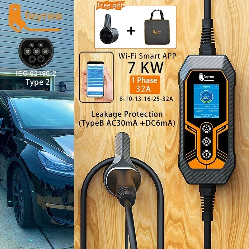 feyree Type2 Cable 7KW 32A Portable EV Charger APP WIFI Control Current Adjustable Set Delay Time EVSE for Electric Car Chager