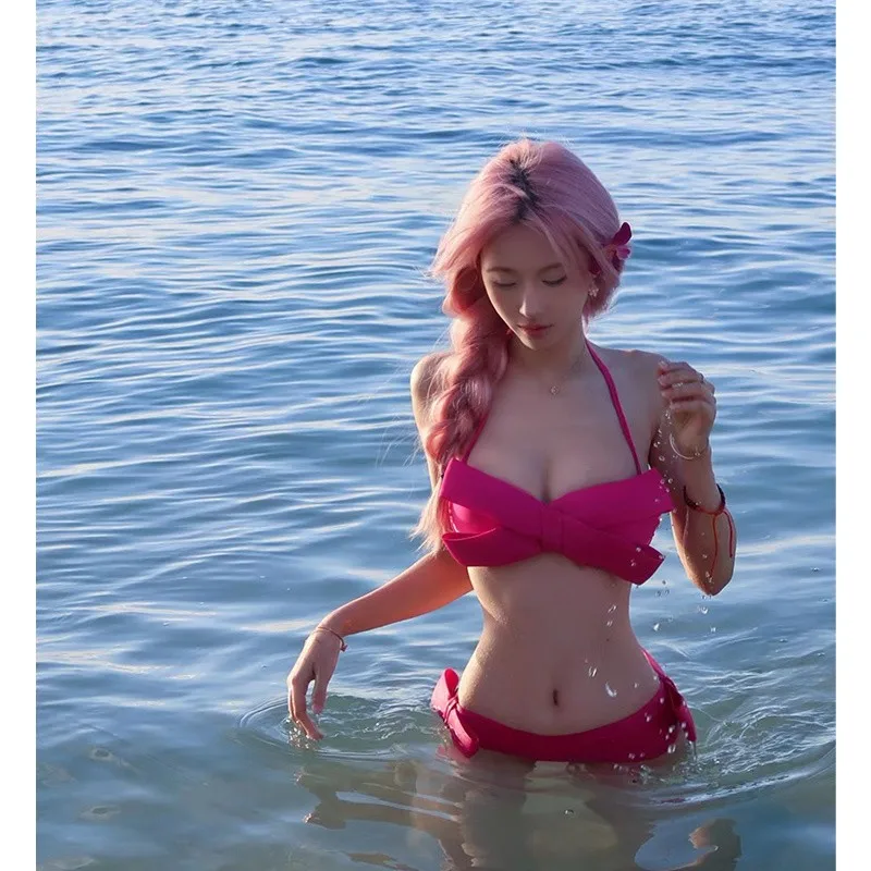 

Женский раздельный купальник-бикини розового цвета с завязками, на стальных косточках, для термальных источников, сексуальный, студенческий, нейлоновый, с подкладкой