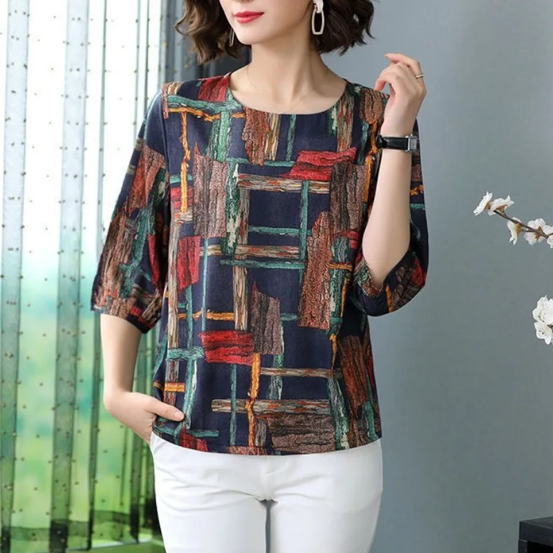 Summer Women's 2024 New Retro Pullover O-Neck Patchwork Print Geometric Fashion Ice Silk Loose Versatile Half Sleeve Shirts Top