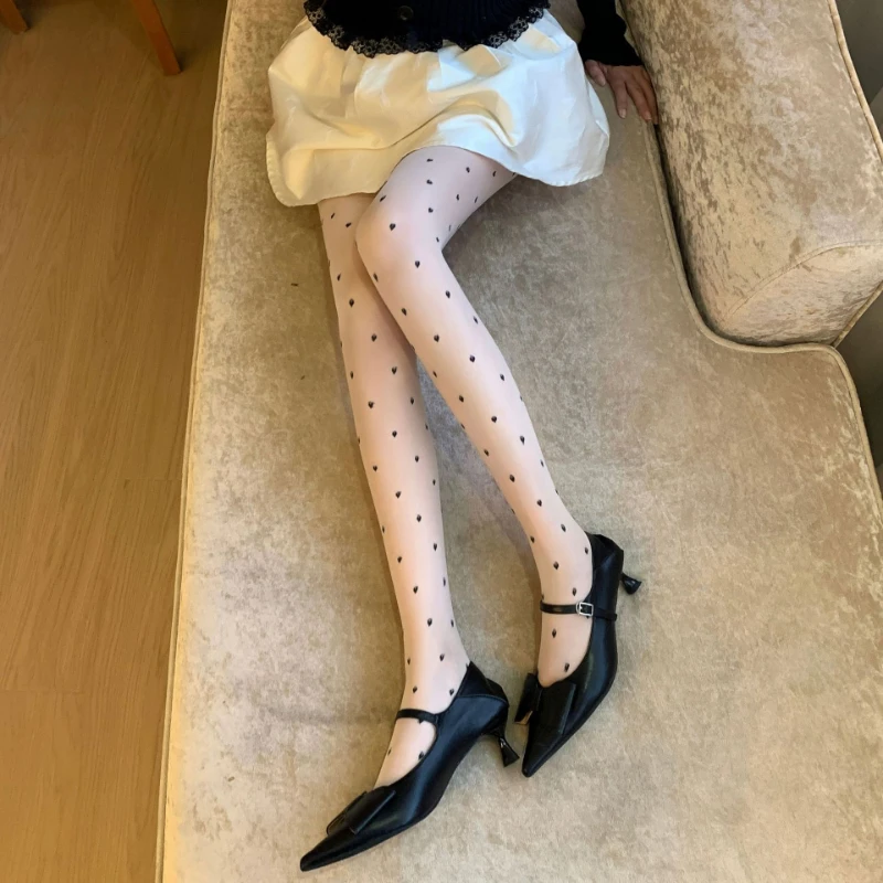 Jacquard Stockings Milk White with Black Polka Dots Love Core-spun Silk Sexy JK Socks Spring and Summer Thin Pantyhose Female