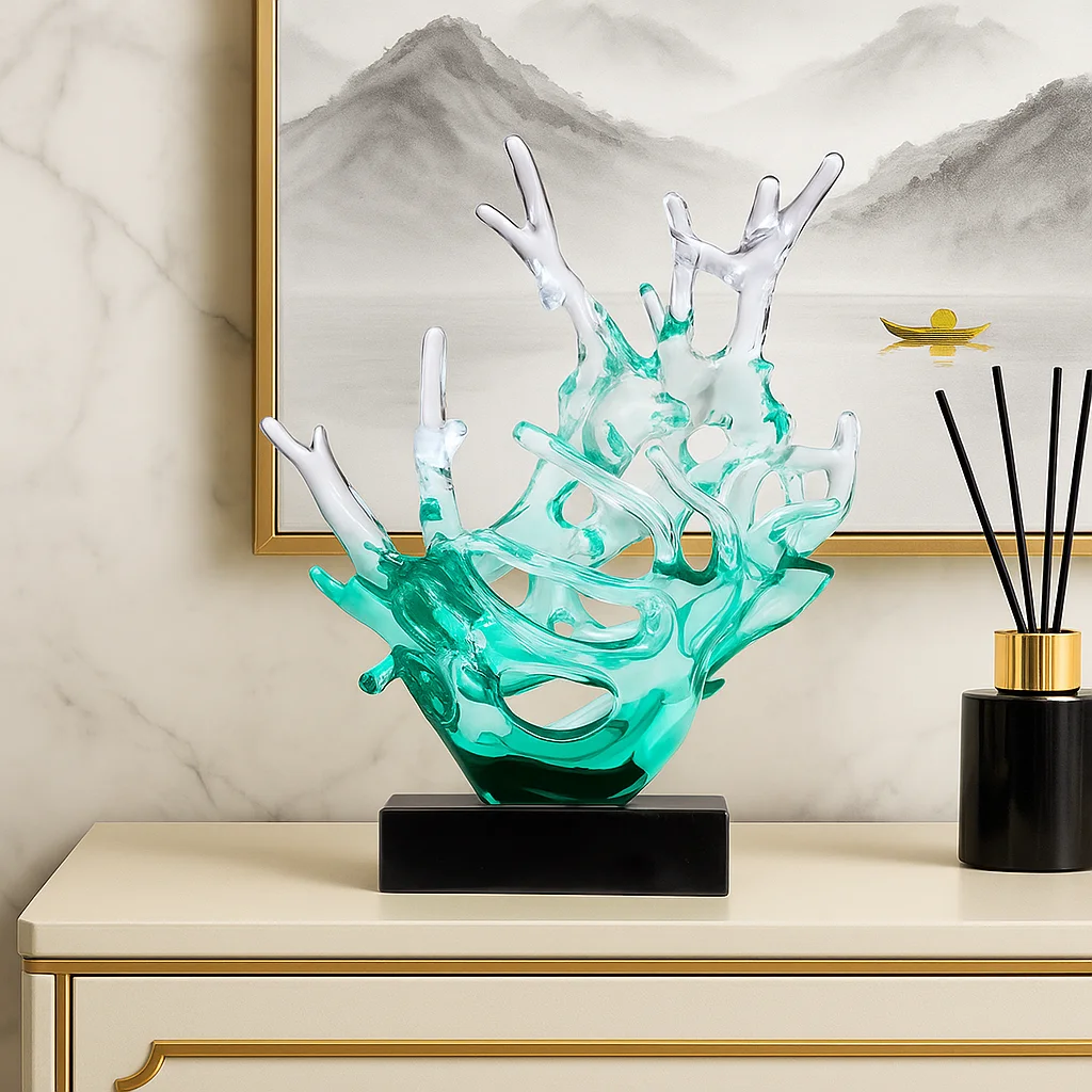 *#Q Luxury Gradient Green Resin Sculpture, Chinese Style Handmade Tabletop Art for Modern Decor&