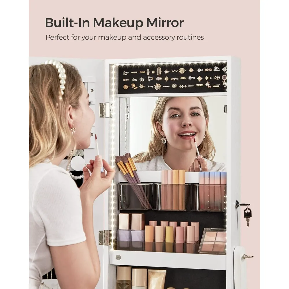 Freestanding Mirrored Jewelry Cabinet with LED Lighting and Storage Organizer