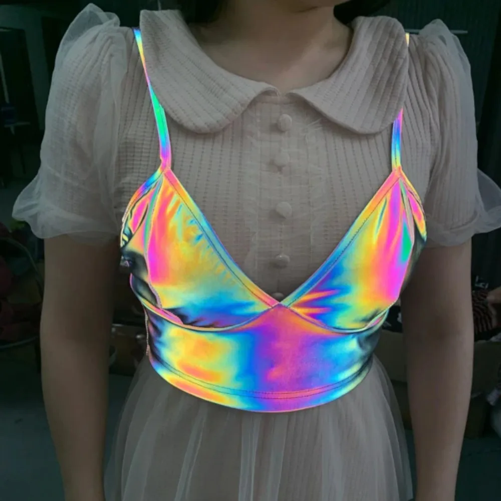 Colorful Reflective Laser Tops Sexy V Neck Satin Tube Chest Wrap Slim Bandeau Underwear Club Party