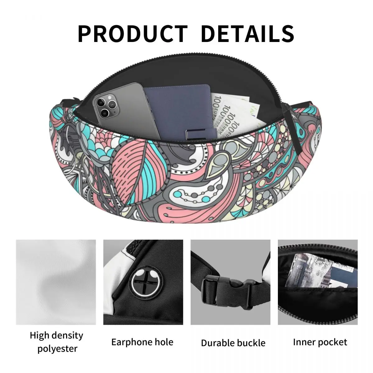 Paisley Doodle Pattern Fanny Bag Customized Floral Flower Art Crossbody Waist Pack Men Women Traveling Phone Money Pouch