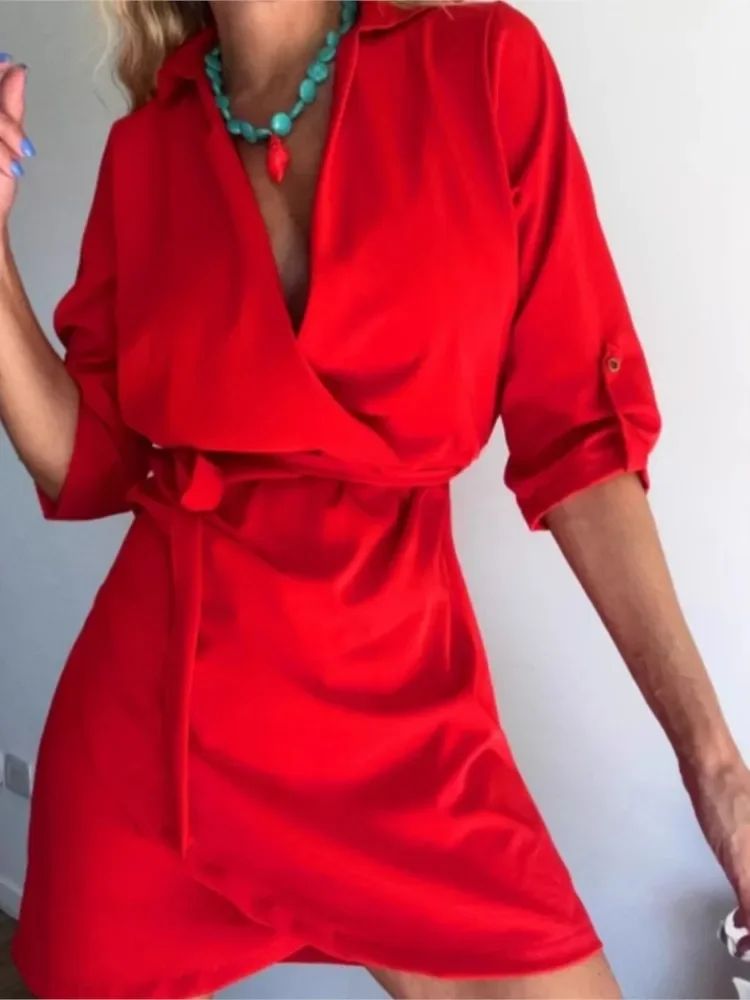 Vestido camisero elegante con cuello en V para ir al trabajo, vestido camisero liso con cordones, vestido de fiesta ajustado informal de media manga, Vestidos huecos para mujer