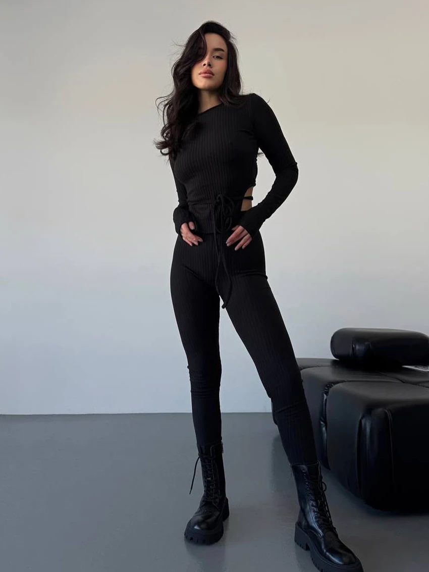 

Marthaqiqi трикотажная женская ночная рубашка, пижама с длинными рукавами, ночная рубашка на шнуровке, ночная рубашка с открытой спиной, брюки, повседневный женский комплект одежды для сна