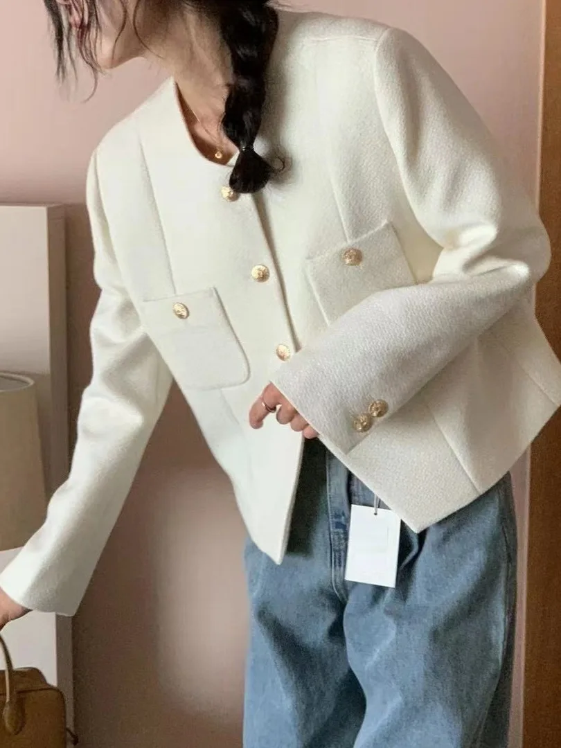 

Korean Sle ort Coat Women's Plaid Jaet Sweet Button up Top Polyester Fiber Pure Color Loose Fit Autumn Season
