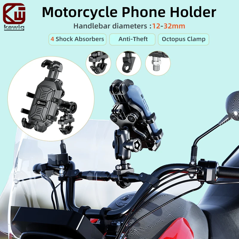 Kewig M26S-1 Shockproof Motorcycle Phone Holder With Vibration Dampener Anti-Thief Bicycle E-Bike Scooter Aluminum Phone Mount