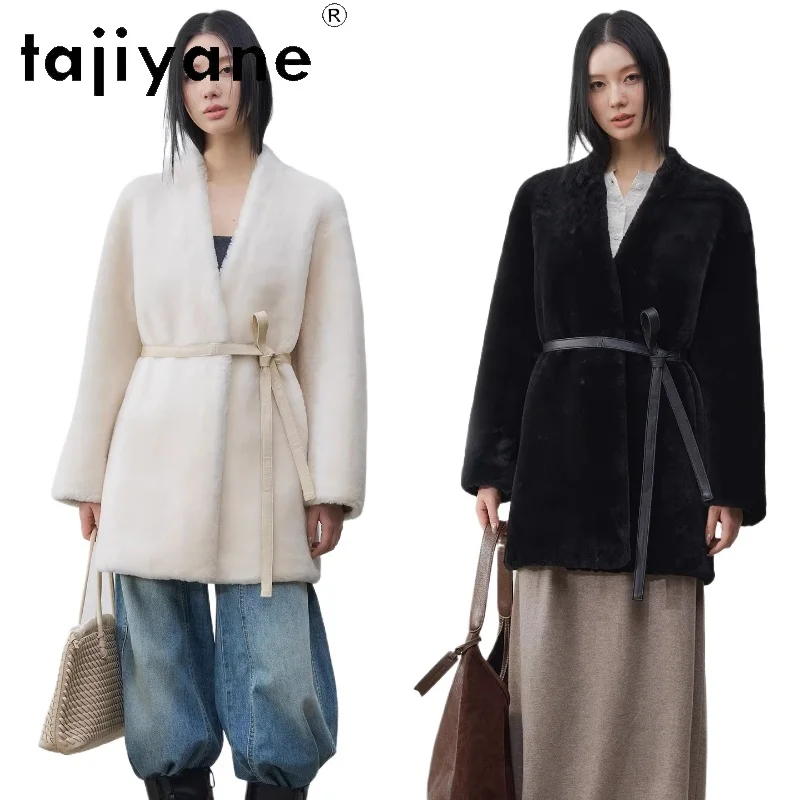 

TAJIYANE 100% натуральная куртка из мериносовой овчины с шерстью, женская стильная шуба с поясом из натурального меха, зимняя женская одежда 2026