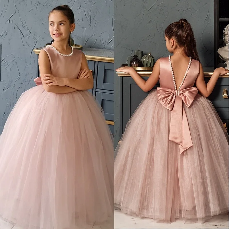 

Lovely Pink Pearls Beaded Flower Girls Dresses For Wedding Tulle Puffy Scoop Neck Sleeveless Princess First Communion Dress