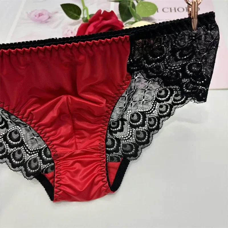 Męskie seksowne czerwone satynowe koronkowe prześwitujące slipy Sissy elastyczne z niskim stanem oddychające majtki BF Live Show kostiumy do tańca DJ Club