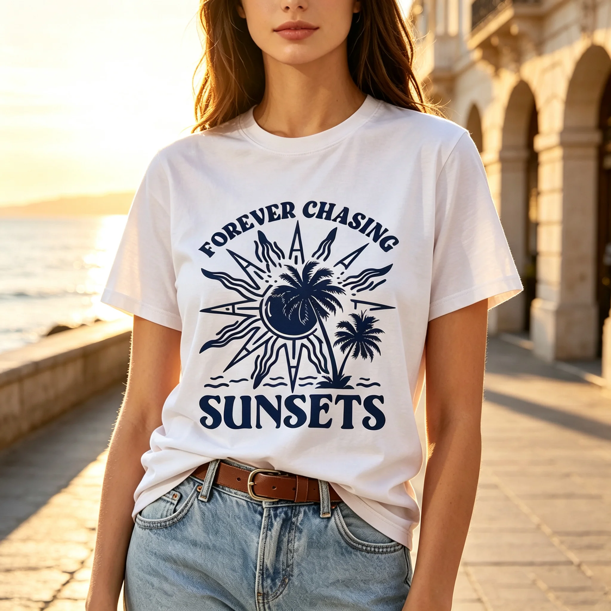Forever Chasing Sunsets Graphic T-Shirt Retro Sun Compass Palm Tree Ocean Vintage Short Sleeve Tee