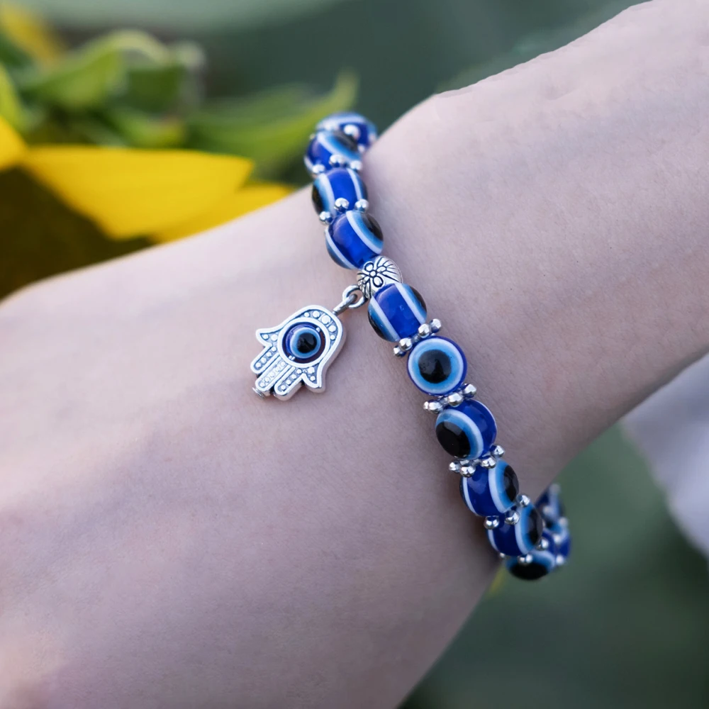 Pulseras turcas de mal de ojo de la suerte para hombres y mujeres, colgante de mariposa de Palma de mal de ojo azul, pulsera de cuentas, brazalete, joyería hecha a mano