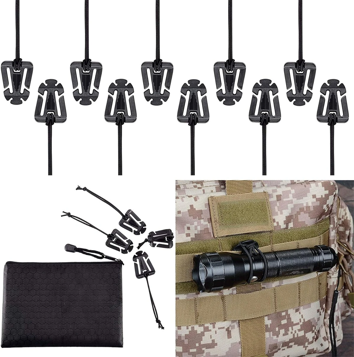 Pack of 10 Tactical Gear Clip Molle Web Dominators for Outdoor Hydration Tube Backpack Straps Management with Zippered Pouch