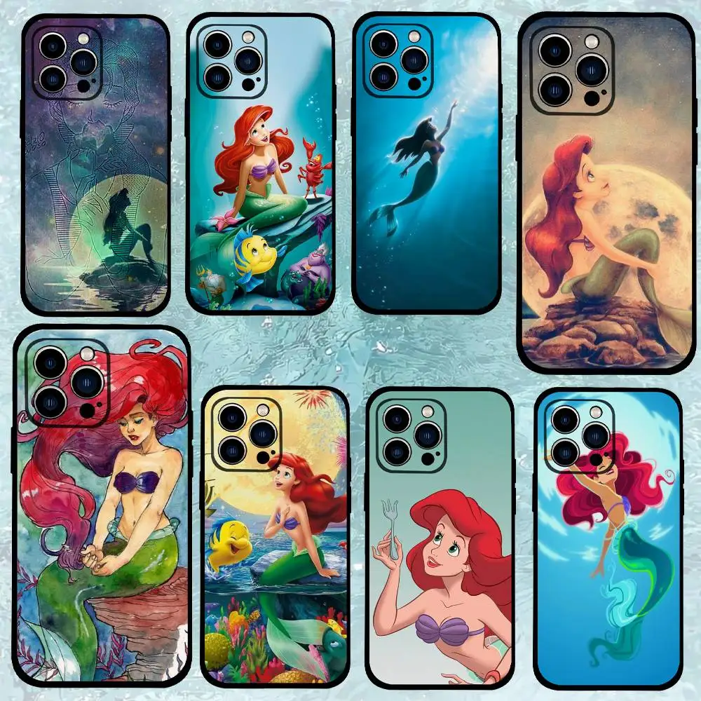 Kleine Meerjungfrauen Prinzessin Handyhülle für IPhone 1716 15 14 13 Pro Max 11 12 Mini X Xs XR Schwarze Silikonhülle