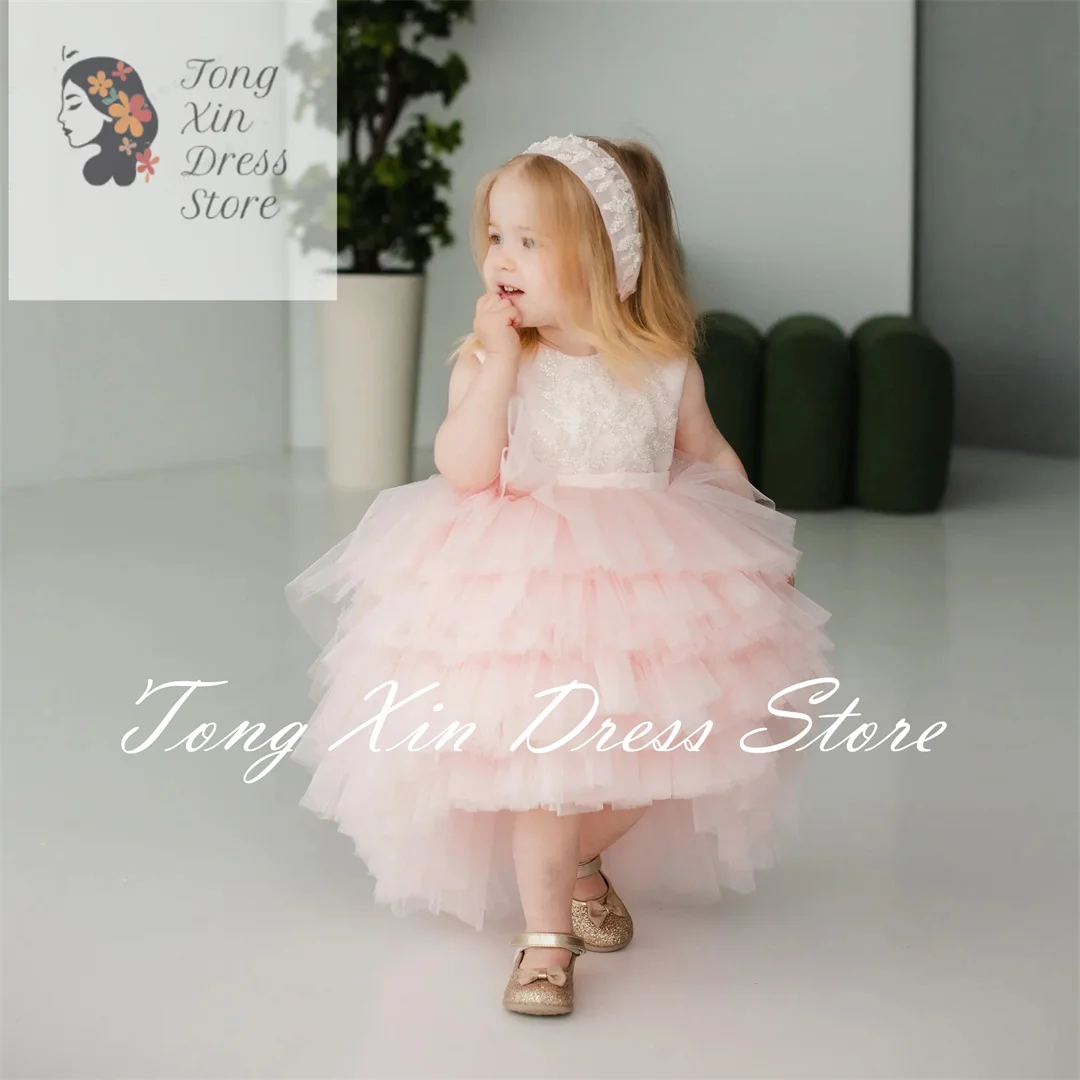 Light Pink Flower Girl Dress For Wedding Tulle Applique Sleeveless Layered Kids Birthday Party First Communion Ball Gowns