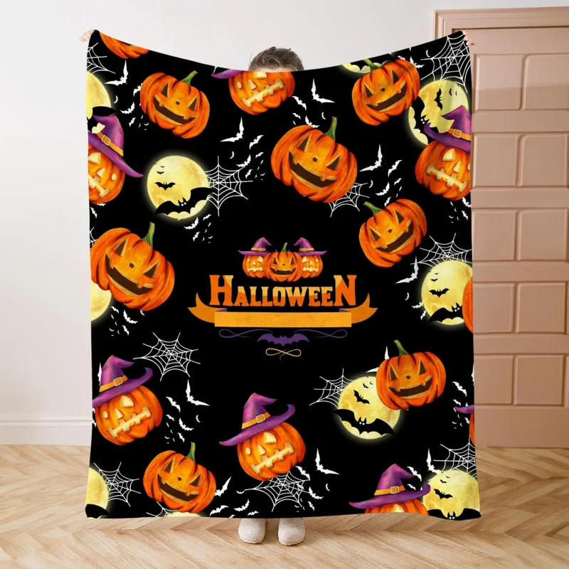 

Halloween Orange Pumpkin Throwing Blanket Black Ghost Bat Sofa Bed Decorative Blanket Soft Blanket