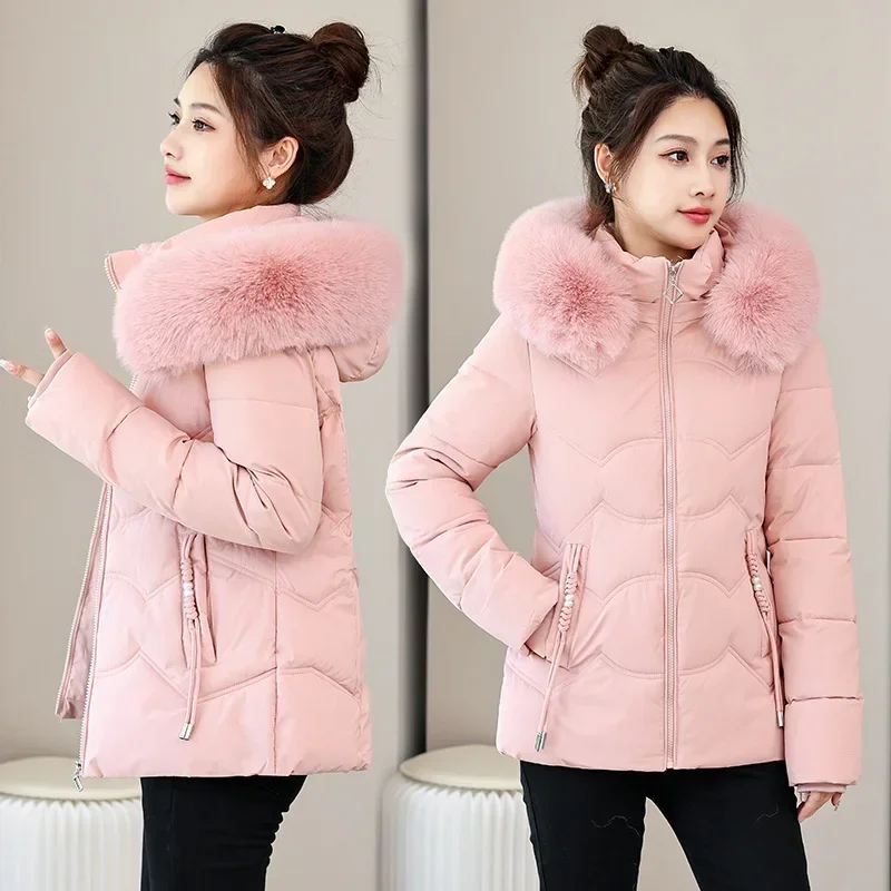 2025년 신상 겨울 재킷 여성 파카 캐주얼 기본 코트 후드 퍼 칼라 두꺼운 따뜻한 파카 면 패딩 아우터 숏 재킷