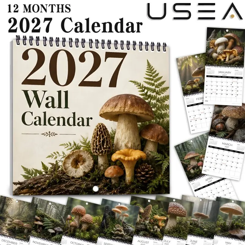 2027 Square Spiral Wall Calendar,US Federal Holidays, Lunar Phases, Wild Mushroom Farmhouse Design, Ideal Christmas Gift