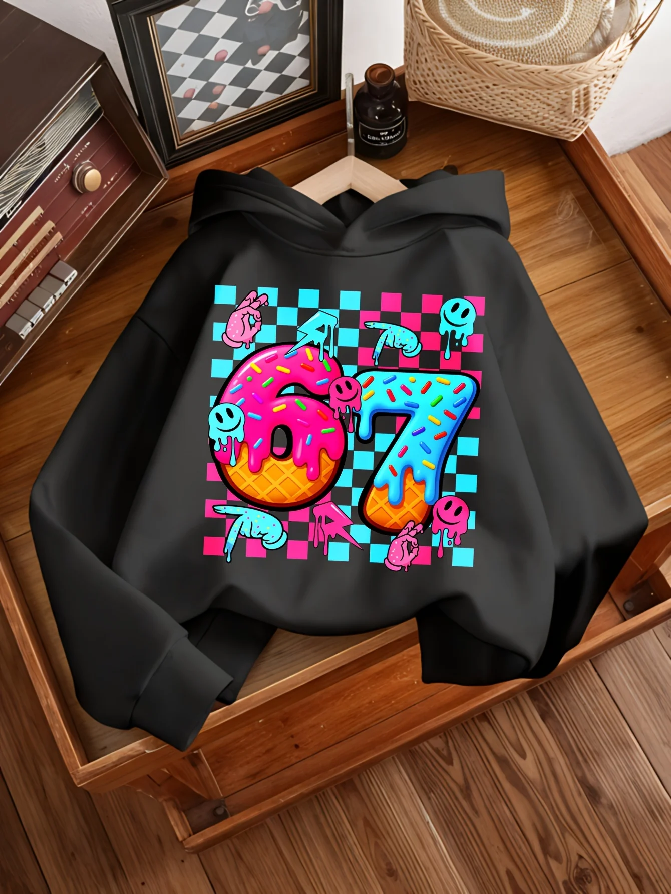 Kids Hoodie 67 Ice Cream Donut Drip Smiley Face Checkerboard Graphic Sweatshirt Girls Long Sleeve Hooded Pullover Y2K Streetwear