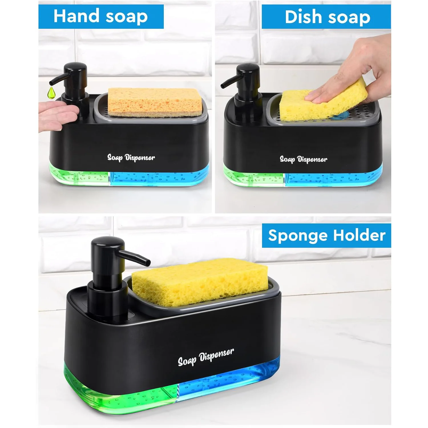

Hand and Dish Soap Dispenser Set for Kitchen Dual Soap Dispenser with Sponge Holder 3-in-1 for Bathroom Toilet kitchen