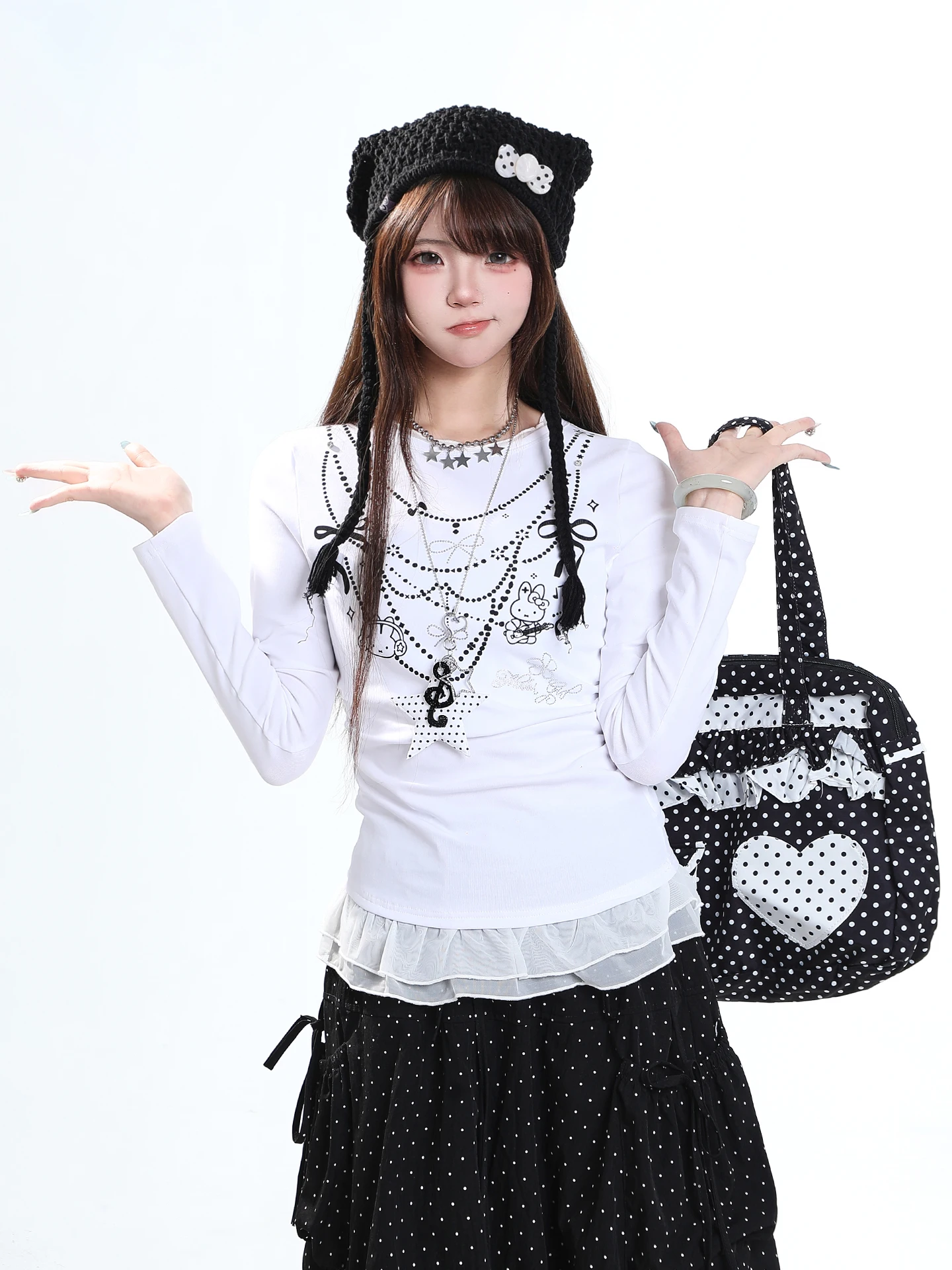 Retro American Hot Girl Long Sleeve T-Shirt Women's Slim Fit Design Sense Lace Trim Short Top Creative Pattern Casual Style