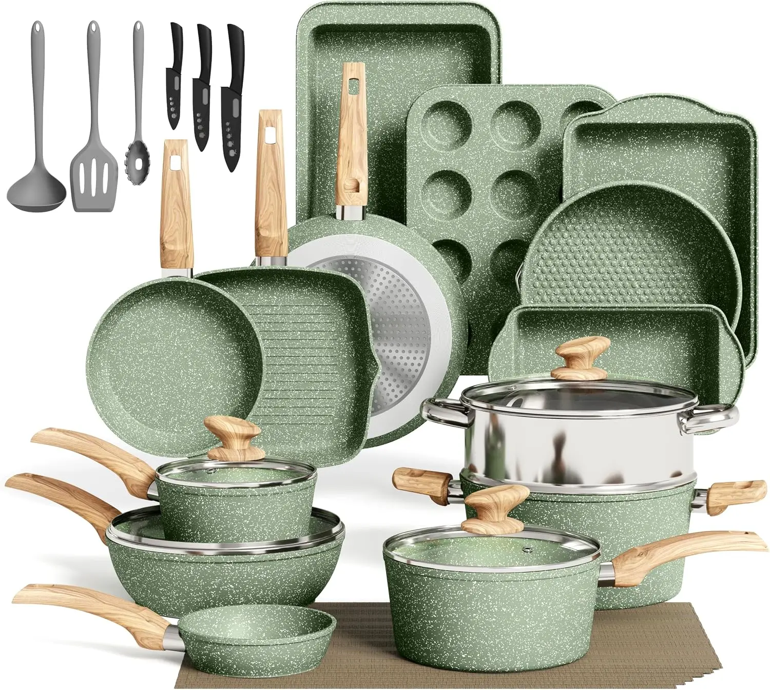 30 Piece Pots and Pans Set Non Stick, Kitchen Cookware & Bakeware Sets with Nonstick Granite Coating, Baking Tray, Frying Pan an
